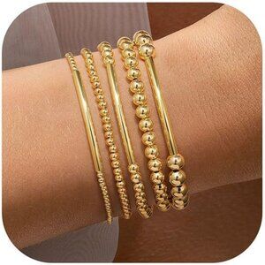 Women's  Bead (2/3/4/5/6mm) 14K Gold Plated Bead & Pearl Bracelet Stack Set
